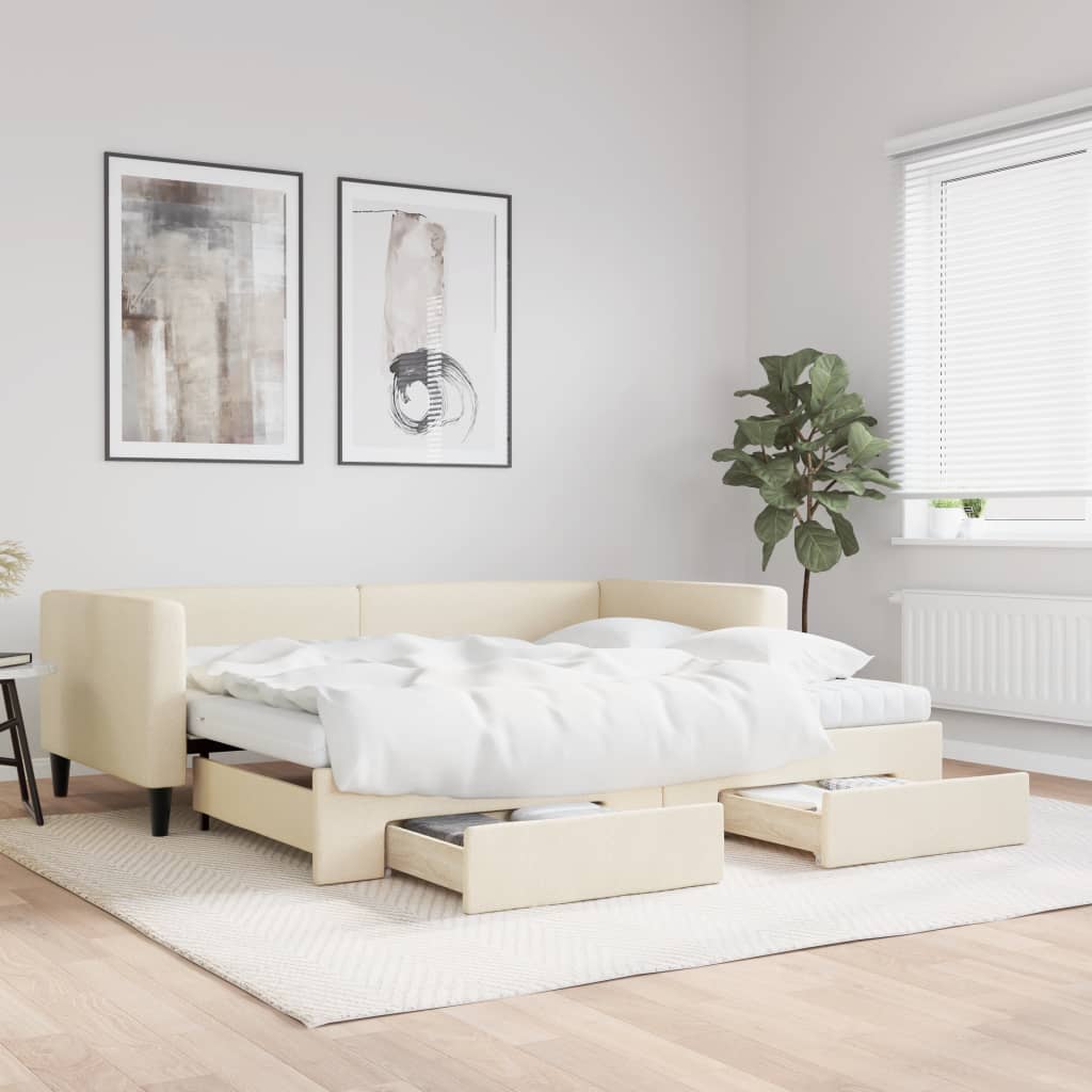 Extendable Daybed with Drawers Cream 90x200 cm Fabric