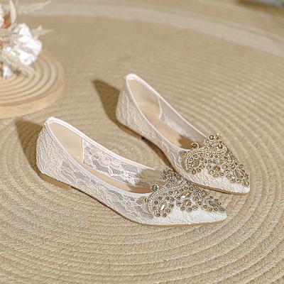 Модная свадебная обувь женская 2025 лето новая кружевная ажурная дышащая женская обувь на плоской подошве свадебная обувь для невесты большого размера 35-43