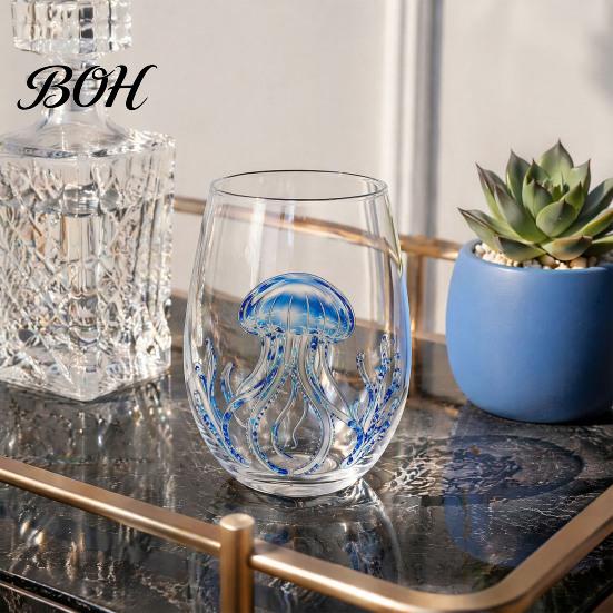 Stylish Nautical Themed Cup Marine Animal Theme Clear Glass Tumbler, Handcrafted Painted Glassware, Elegant Celebration Gift Creative Unique Drinking