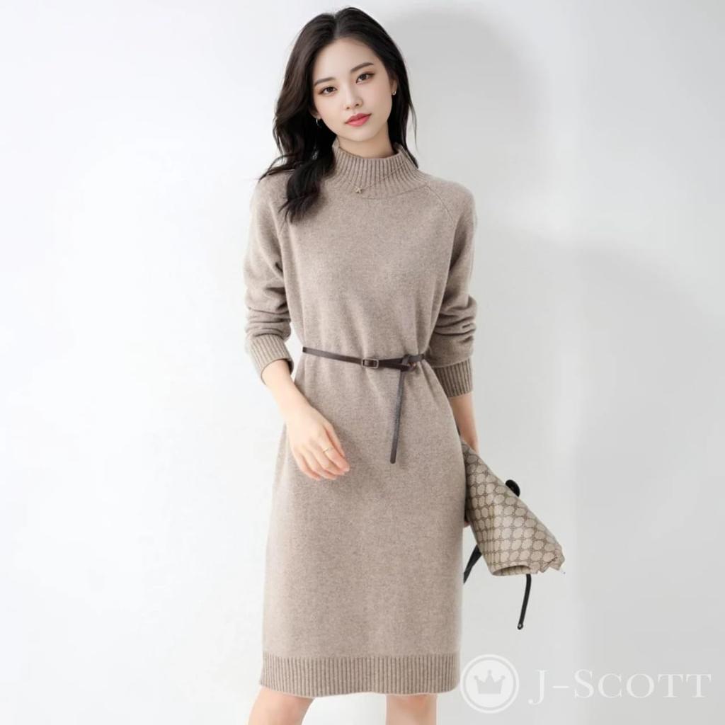 J-Scott Women's Knit Dress, Knee-Length, Long Sleeves, Solid Color, Mock Neck, Ribbed I-Line, Simple, Soft, Beige, JS22-BG-S