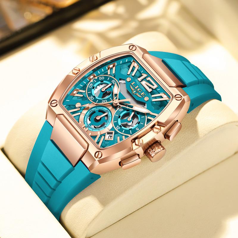 LIGE New Men's Watch Multi Functional Quartz Rectangular Golden Sports Clock Casual Fashion Silicone Strap Men Watch+Box