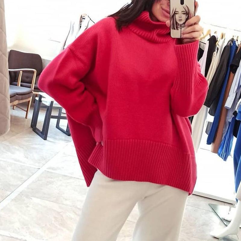 Autumn Winter Women Solid Turtleneck Knitted Sweater Pullovers Fashion Female Long Sleeve Loose Oversized Jumper