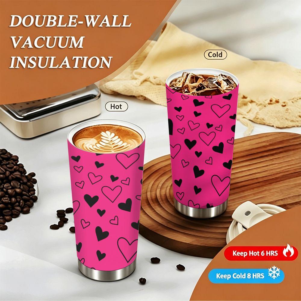 Pink Heart Pattern Stainless Steel Insulated Coffee Tumbler Vacuum Travel Mug Reusable Hot Cold Beverage Cup for Office School Gift
