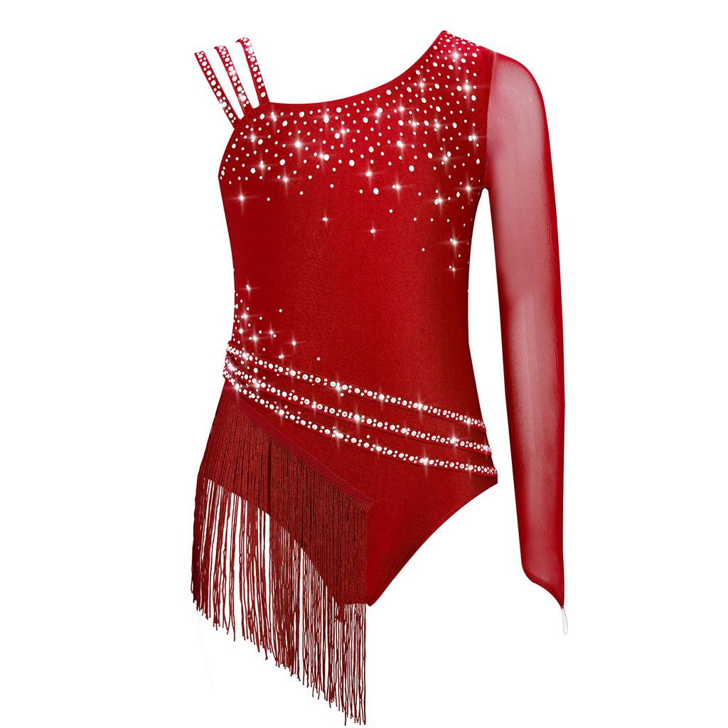 Girls Sparkling Rhinestones Fringe Leotard Irregular Tassel Bodysuit Figure Skating Dance Performance