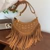 Korean Vintage Rivet Shoulder Bag Tassel Boho Underarm Bag Zipper Suede Handbag Girls