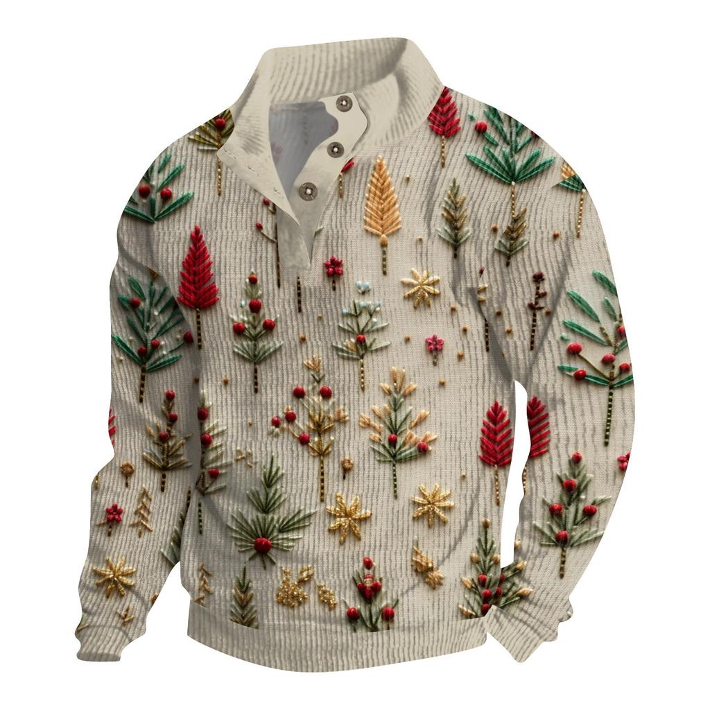 Мужская рождественская хлопковая рубашка-пуловер с длинным рукавом для активного отдыха, винтажная вельветовая рубашка с воротником-стойкой и пуговицами, повседневная толстовка с рождественским принтом