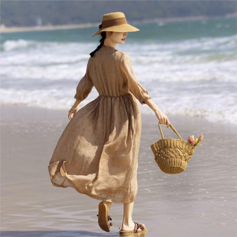 Johnature Женское летнее платье-трапеция с оборками на рукавах в китайском стиле, модное винтажное свободное платье длиной три четверти