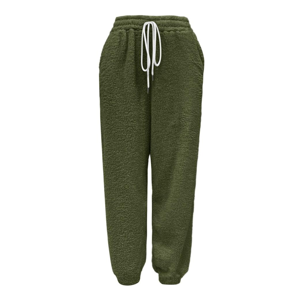 Women's Fashionable Solid Color Pocket Drawstring Elastic Waist Plush Casual Pants