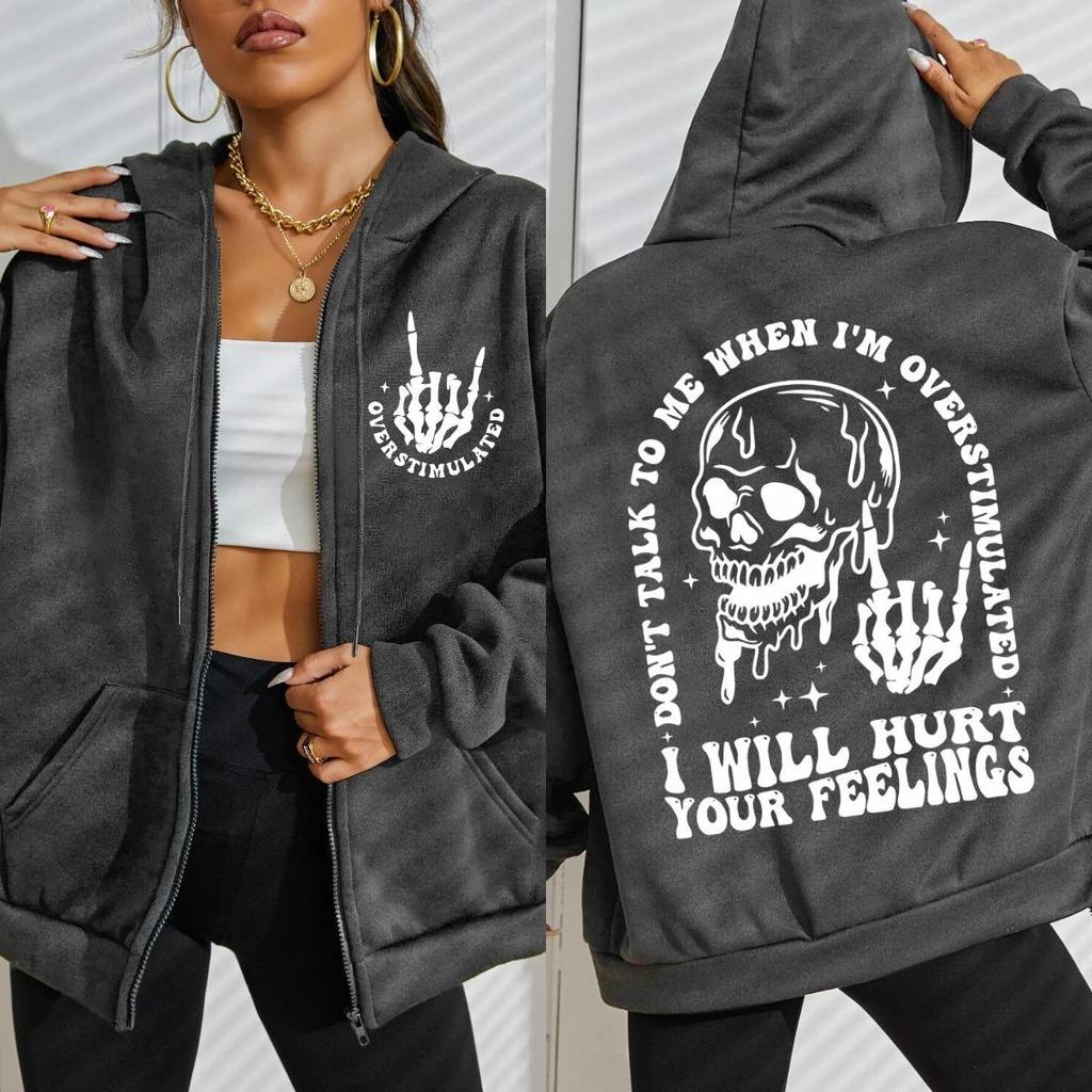 I Will Hurt Your Feelings Funny Letter Graphic Print Zipper Hoodie Woman Fashion Oversize Hoody Autumn O-Neck