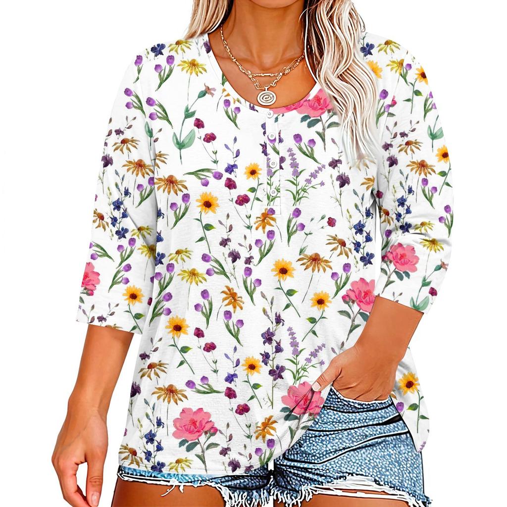 3/4 Sleeve Shirts For Women Print Graphic Tees Button V-neck Blouses Casual Plus Size Basic Tops Pullover