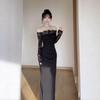 Retro Pure Desire Lace One-Shoulder Dress: Women's 2025 Sexy Long Sleeve, Hip-Hugging Skirt.