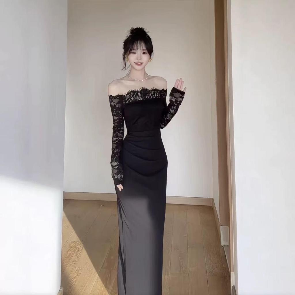 Retro Pure Desire Lace One-Shoulder Dress: Women's 2025 Sexy Long Sleeve, Hip-Hugging Skirt.