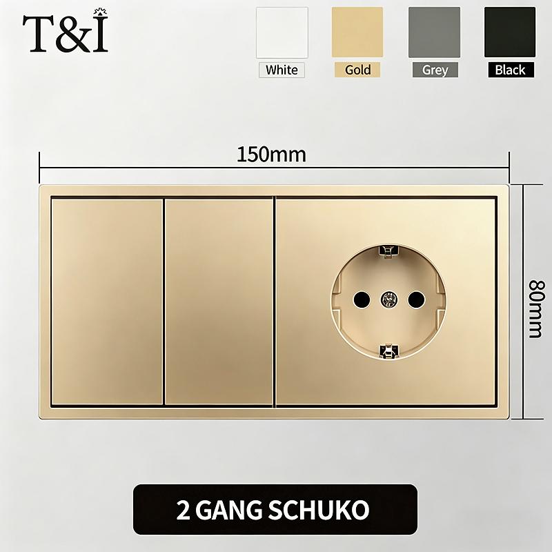Flush Mount EU Electrical Socket 16A 250V with USB Type-C Charging 1/2 Gang Switch, 80x80mm Golden Panel for European Standard