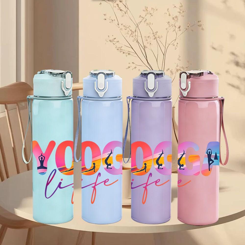 1PC Rainbow Yoga Life Letter Print 750ml Color Plastic Sports Water Bottle Leakproof Flip Straw Lid Suitable for Sports Office Home Use