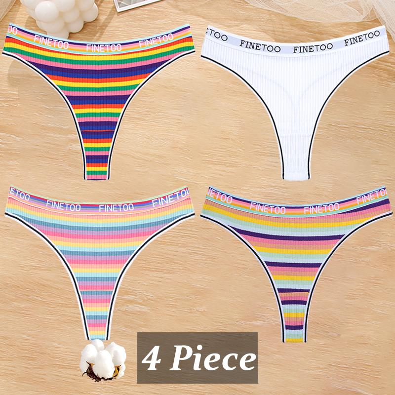 4Pcs/Set Women Cotton Colorful Stripe Panties Sexy Underwear G-Strings Rainbow Thongs Female Soft Breathable Intimates Lingerie