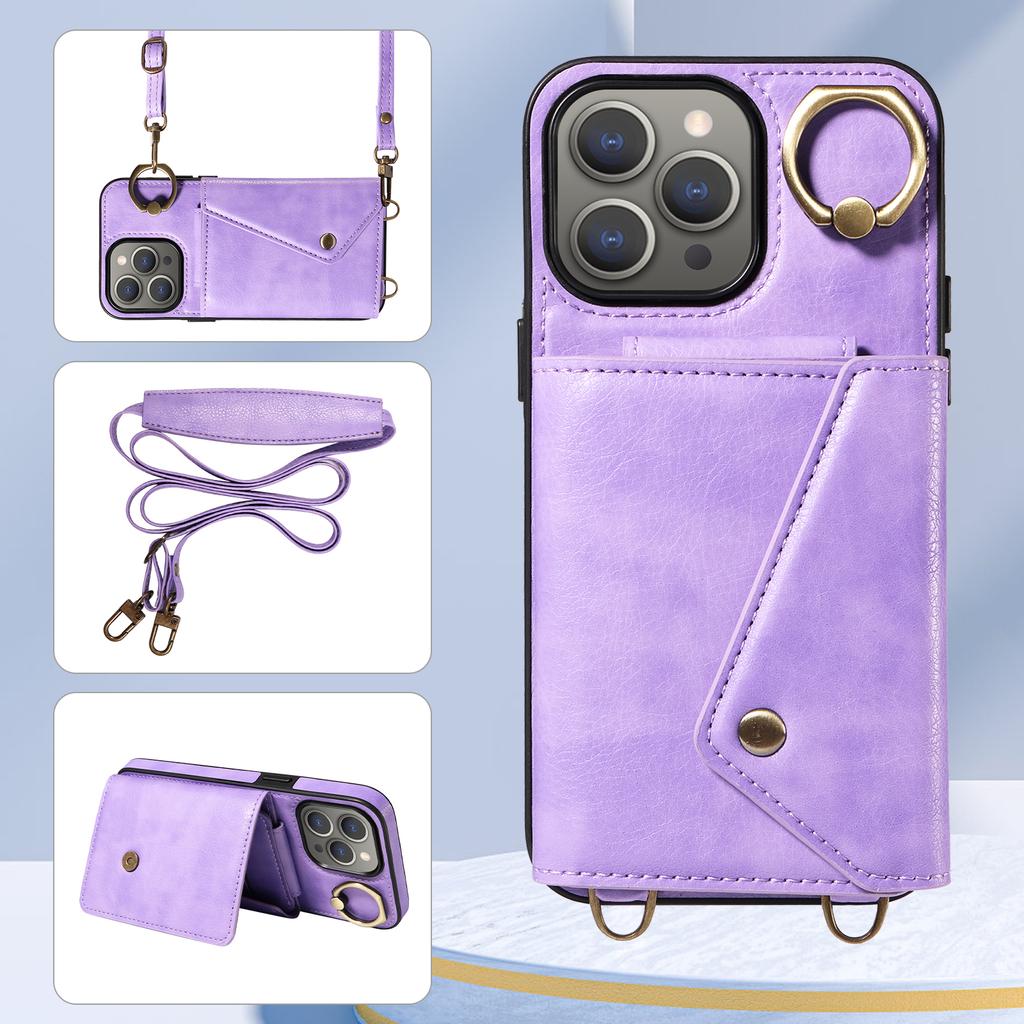 Для iPhone 15 серии. Для iPhone 15, 15 Plus, 15 Pro, 15 Pro Max плечевой ремень веревка кольцо кронштейн дизайн держатель для карт слоты личи узор чехол для телефона