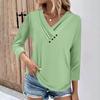 Womens 3/4 Sleeve Daily Weekend V Neck Casual Printed Tshirts Loose Fit Pleated Tees Ladies Blouse