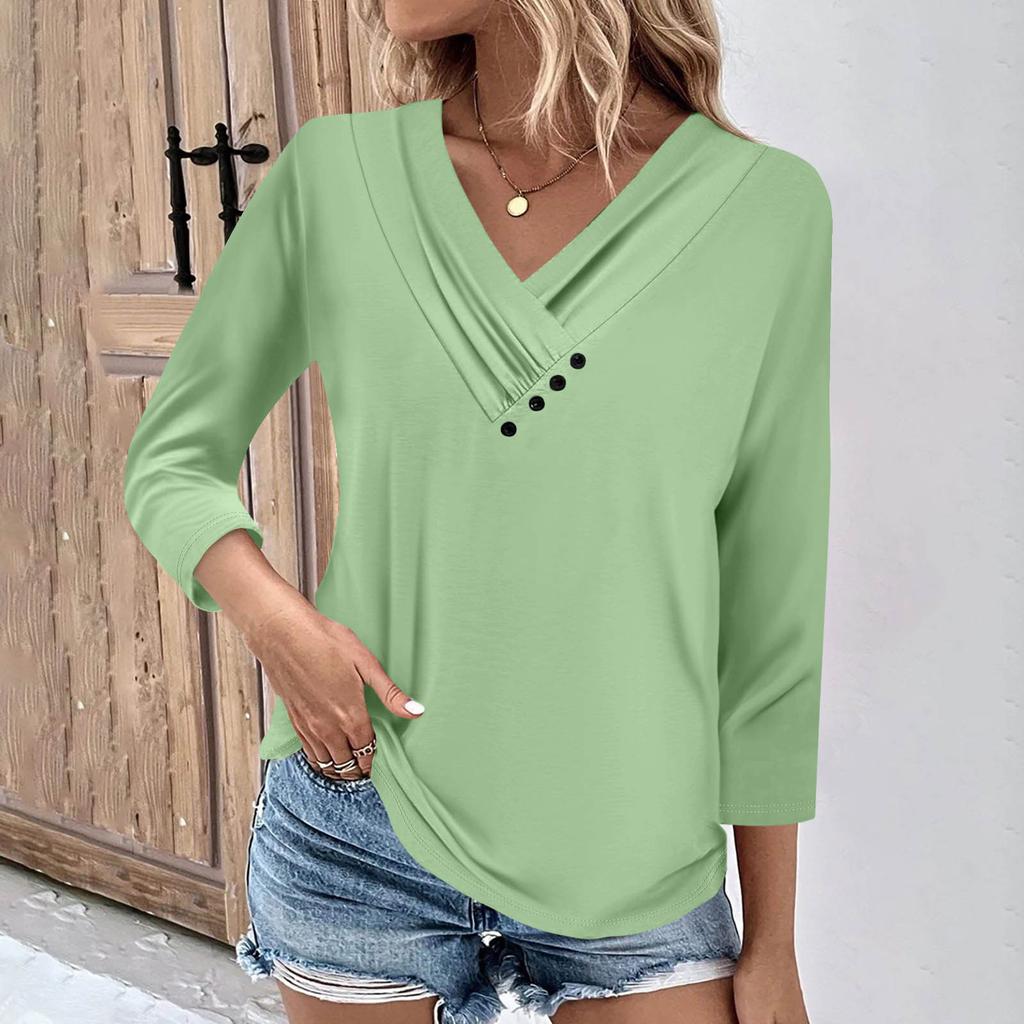 Womens 3/4 Sleeve Daily Weekend V Neck Casual Printed Tshirts Loose Fit Pleated Tees Ladies Blouse