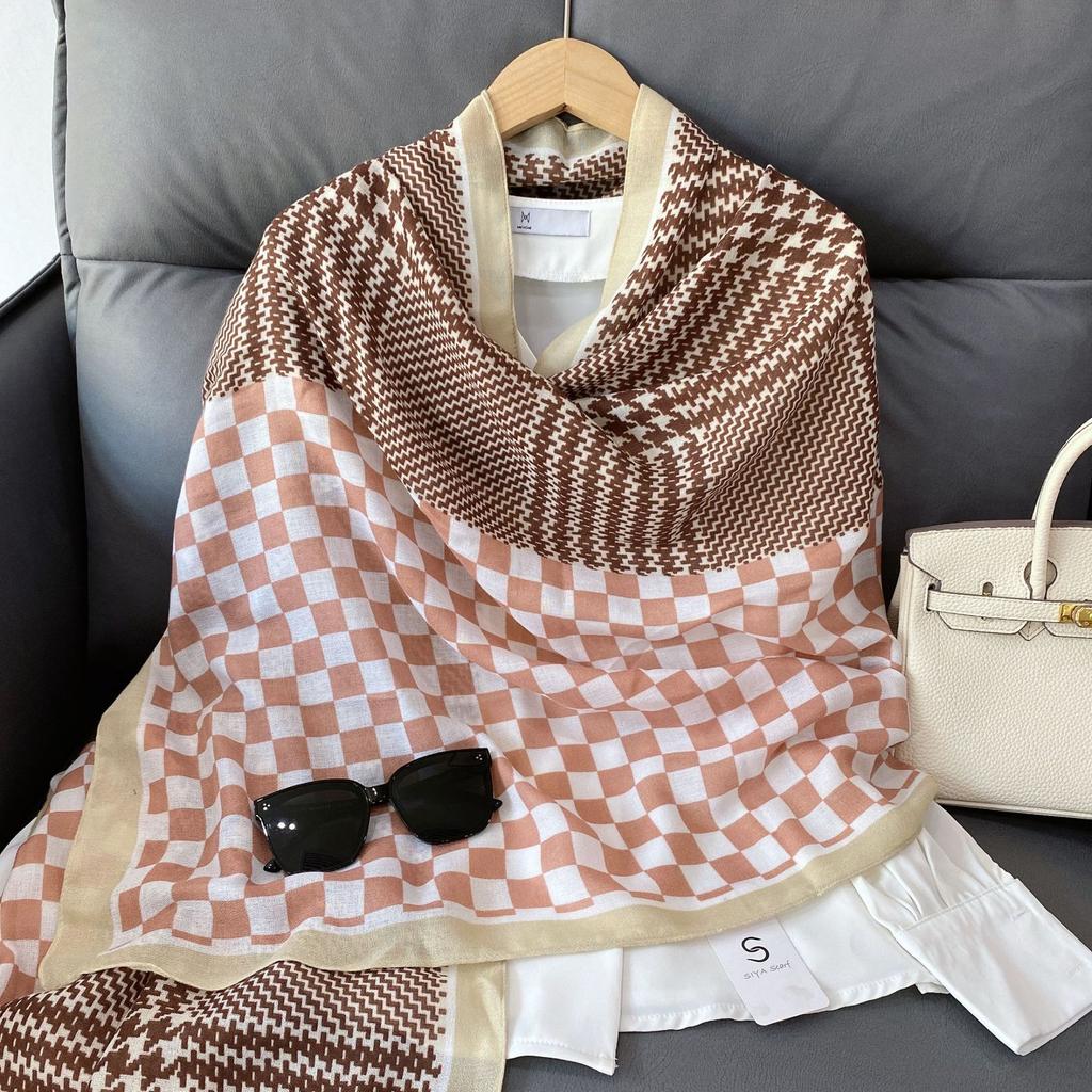 Retro Thousand Birds Grid Long Cotton and Linen Women's Summer Sun Protection Beach Towel Vacation Yarn Outside Air-conditioned Room Warm Scarf