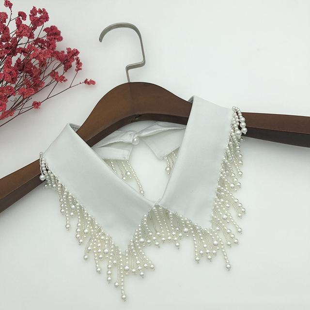 Women White Fake Collar Handmade Beads Detachable Solid Color Shirt False Collar Blouse Women Neckwear Decor