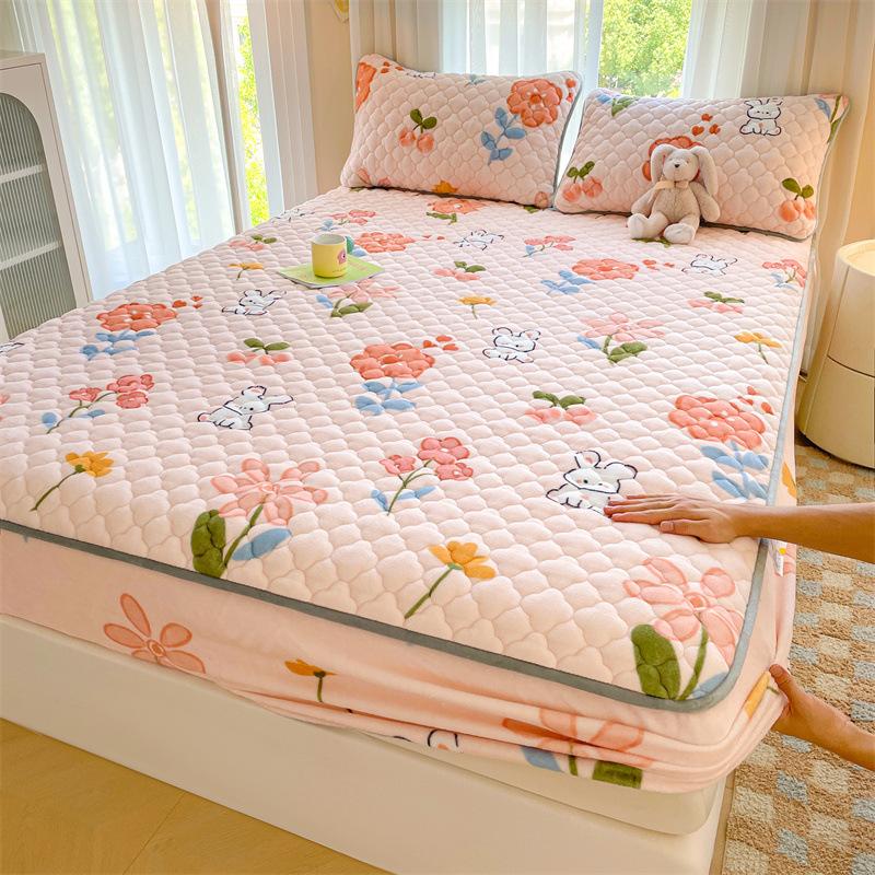 Утолщенный хлопковый чехол для кровати, односпальный чехол для кровати, коралловый бархат, молочный бархат, зимний матрас, нескользящий защитный чехол