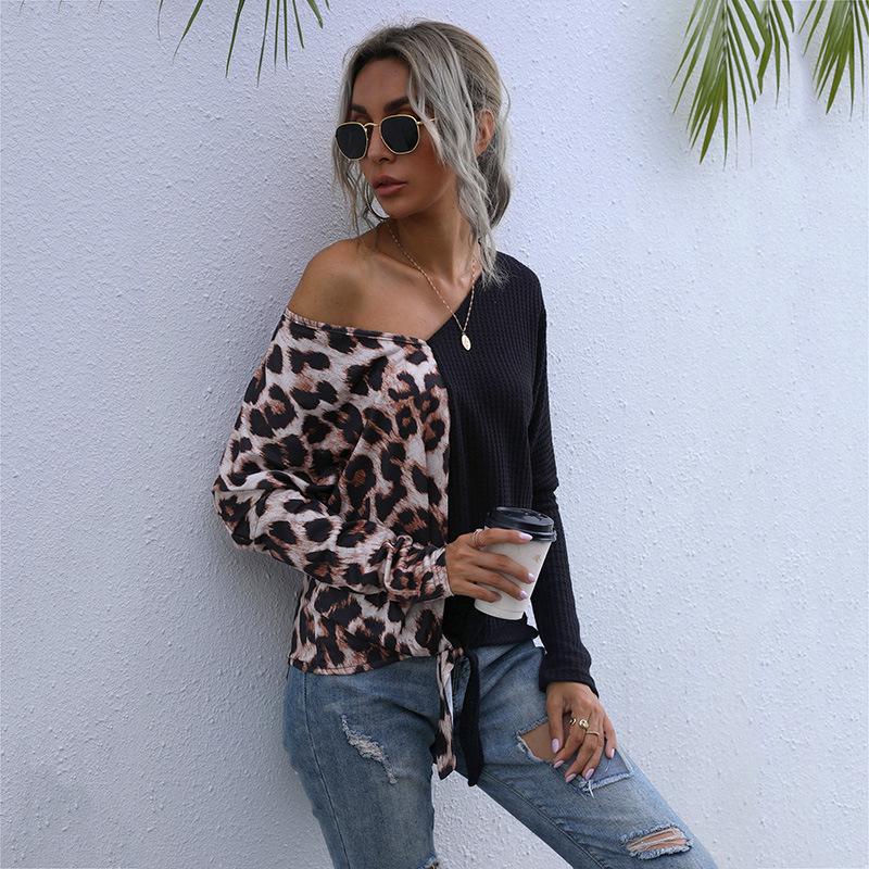 Женская одежда Модные повседневные топы Рубашки Модный и повседневный темперамент Свободный топ Женский вязаный свитер с длинным рукавом и леопардовым принтом