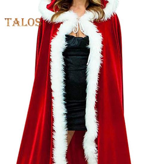Women Christmas Cloak Fluffy Edge Color Matching Hooded Santa Cosplay New Year Party Performance Costume Festive Poncho