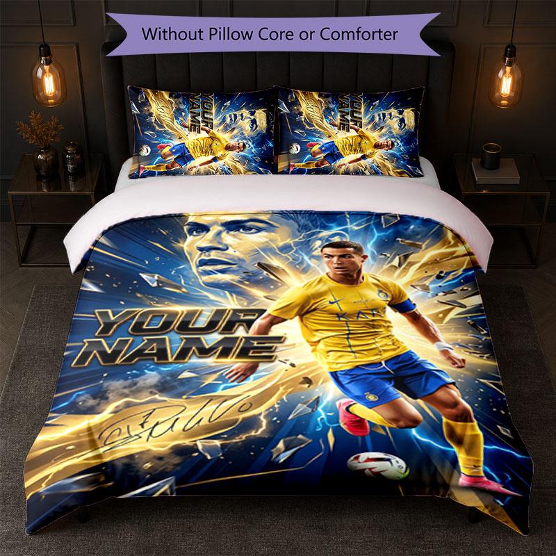 Cristiano Ronaldo Custom Name Text Bedding Set 1 Duvet Cover+2 Pillowcases Soccer Logo Personalized Gift For Special Occasion Bedroom Decor