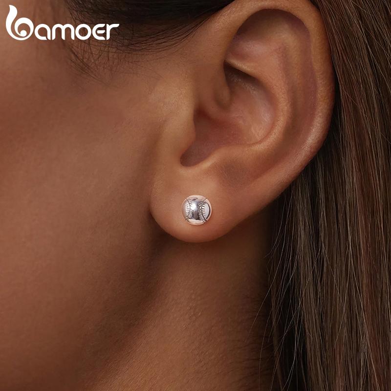 BAMOER Round Ball Stud Earrings Sport Line Style Oxidized Oval Earrings Original For Women Daily Party Gift Minimalist Jewelry