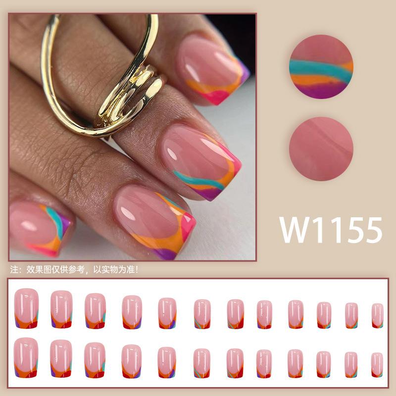 24 шт. Простой розовый с красочным рисунком, небольшой свежий и сладкий ветер, французские короткие накладные ногти, ношение доспехов