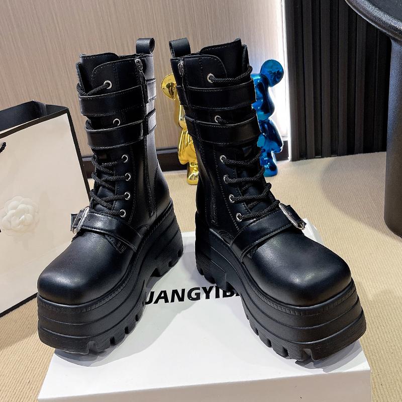 Fashion 9CM Chunky Platform Ankle Boots Women 2025 New Autumn Winter Motorcycle Boots Woman Thick Bottom Non Slip Leather Combat Boots