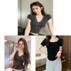 Tshirt For Women Summer Lace Panel Vneck Short Sleeve With Bow Embroidery Oversize Style