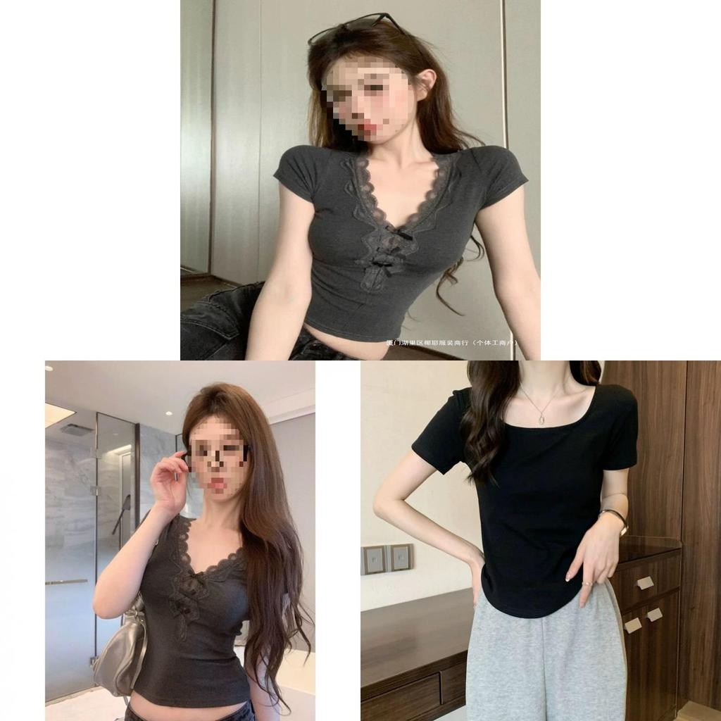 Tshirt For Women Summer Lace Panel Vneck Short Sleeve With Bow Embroidery Oversize Style