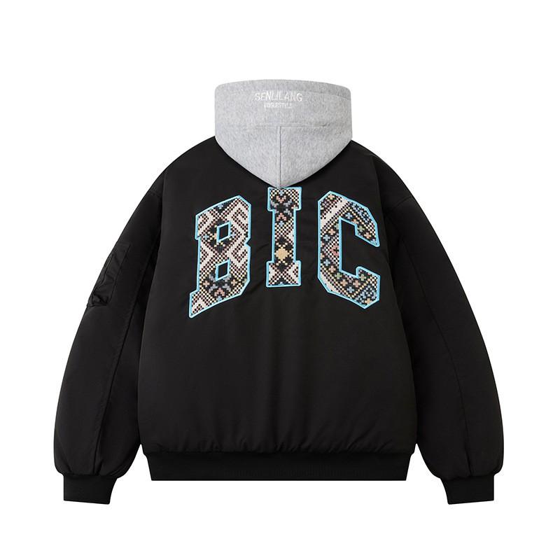 Unisex Oversized Thickened Cotton Padded Jacket With Floral Embroidery Casual Bomber Style Outerwear Winter