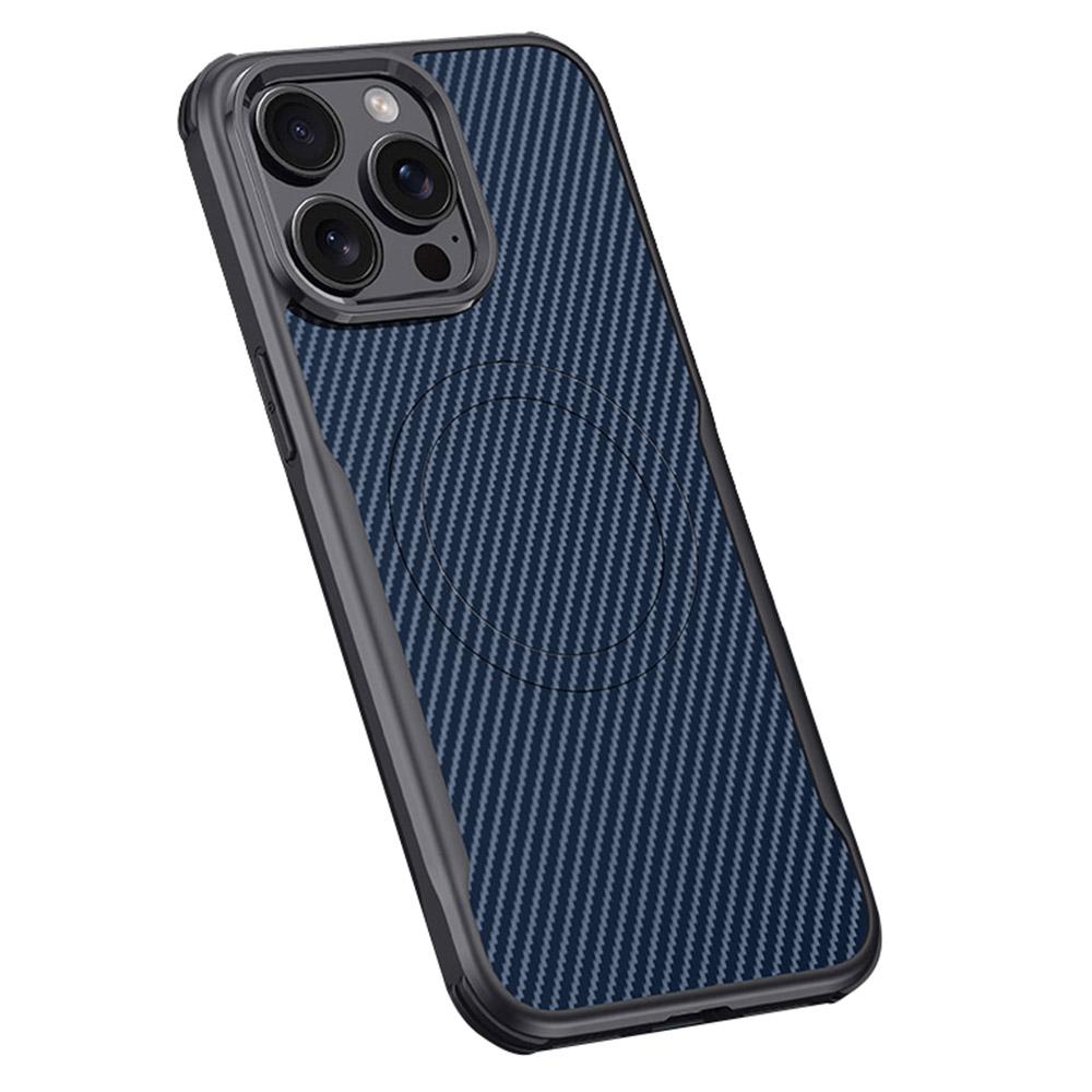 Чехол для iPhone 15 Pro Max, совместимый с MagSafe, текстура углеродного волокна, покрытие из кожи, защитный чехол из ПК+силикона