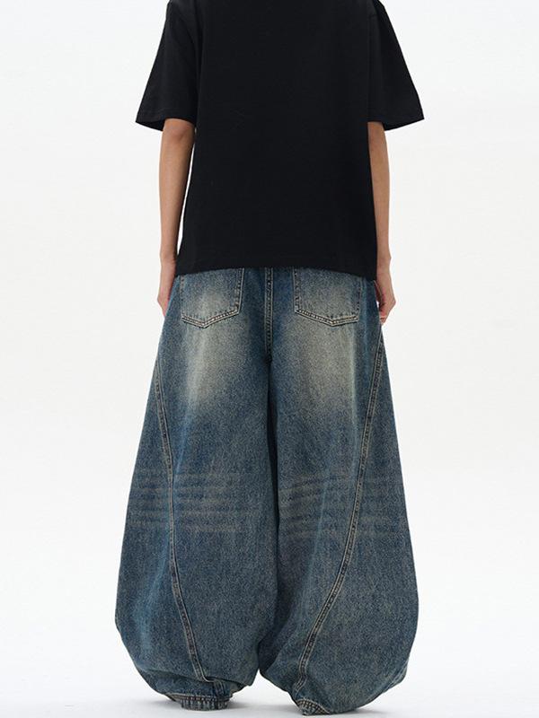 LKTM Унисекс Американские Ретро Синие Выцветшие Джинсы Тай-дай Свободного Покроя с Изогнутой Штаниной