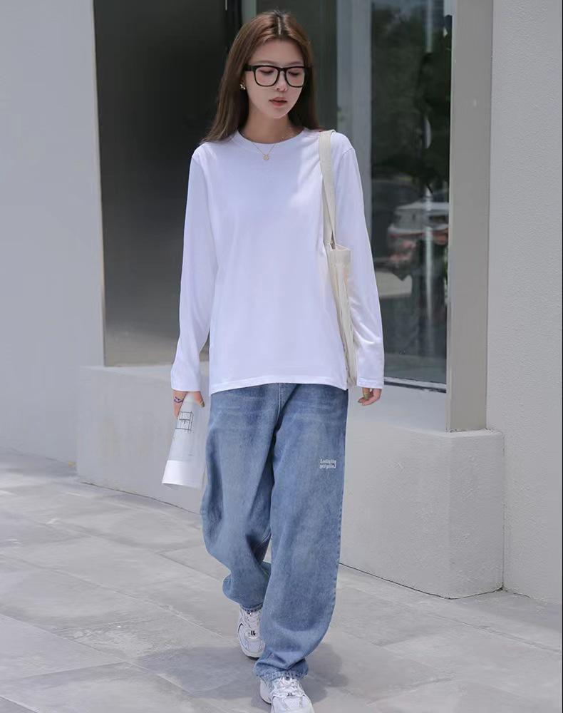Женская футболка из чистого хлопка с круглым вырезом и длинными рукавами: Свободный многослойный топ на осень/зиму