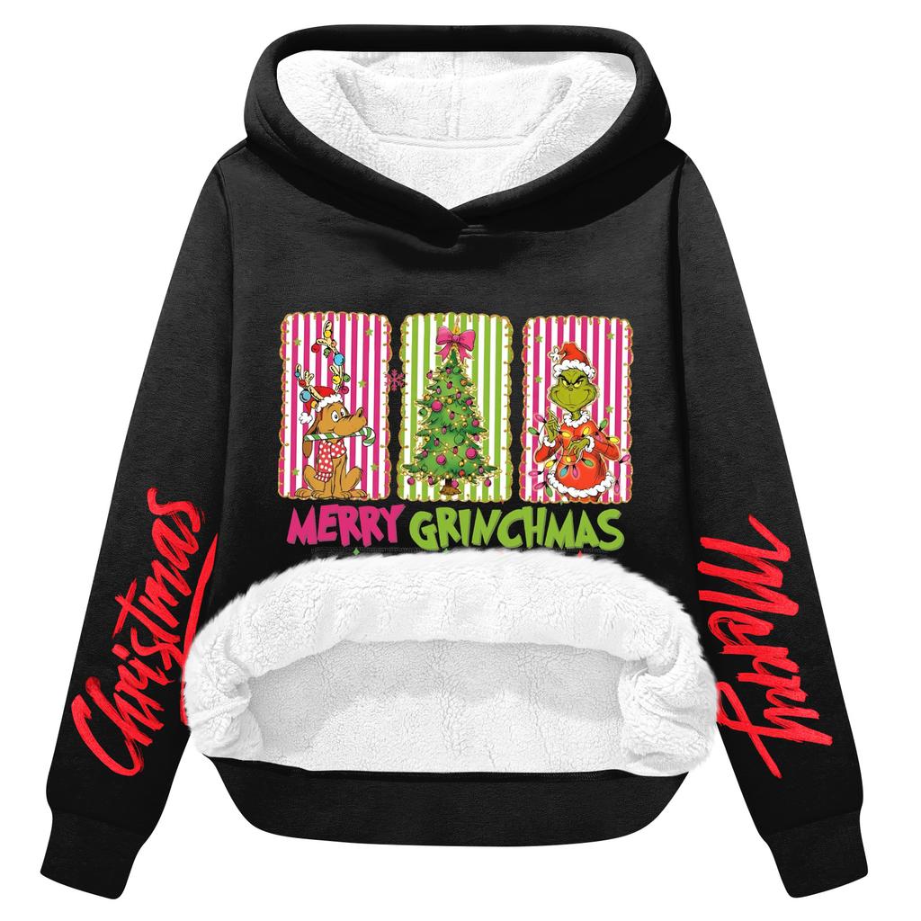 Женская повседневная модная толстовка с капюшоном большого размера, утепленная флисом, с рождественским принтом