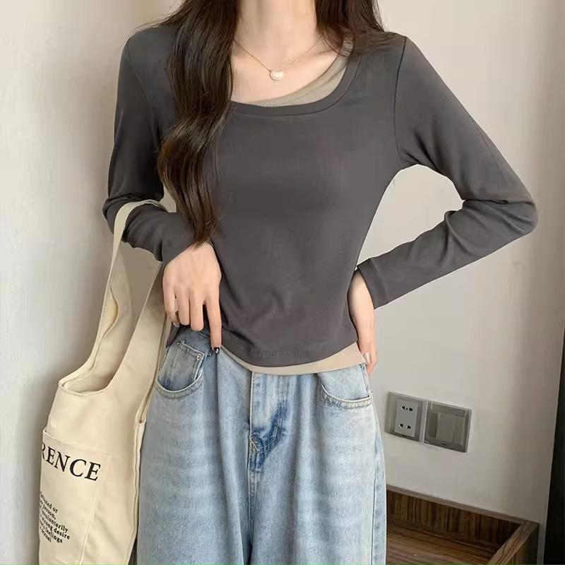 Квадратный воротник, правое плечо, футболка с длинными рукавами, женская рубашка-низ, осенний дизайн, имитация двух частей, контрастный цвет, укороченный крой, утягивающий
