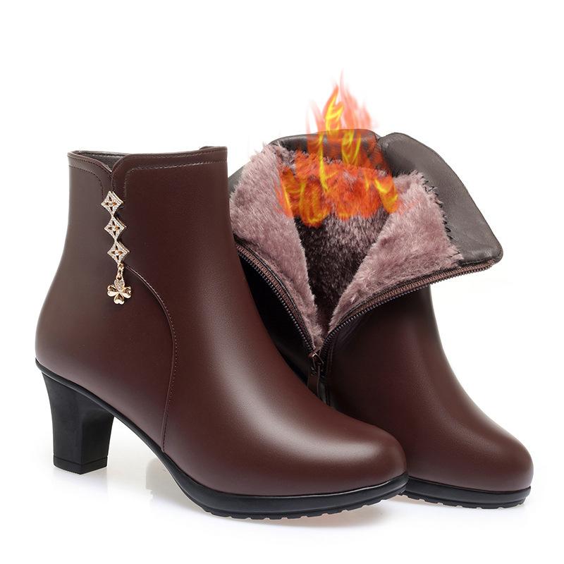 Осенне-зимние женские кожаные ботинки Новая мода Водонепроницаемые Боковая молния Высокий каблук Нескользящие Легкие Теплые хлопковые ботинки