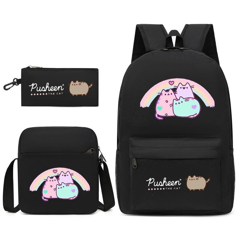 Pusheen Толстый кот Цзи Трехсекционный Школьный рюкзак Повседневный Рюкзак для Учеников Мужского и Женского Пола С принтом Большая Вместимость Наружный Рюкзак