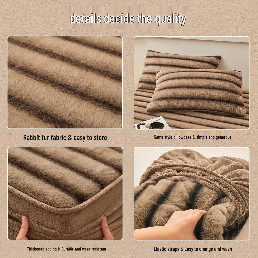 Class A Extra Thick Rabbit Fur Plush Fitted Sheet Set: Milk Velvet Bedspread, Winter Foldable Coral Fleece Mattress Cover