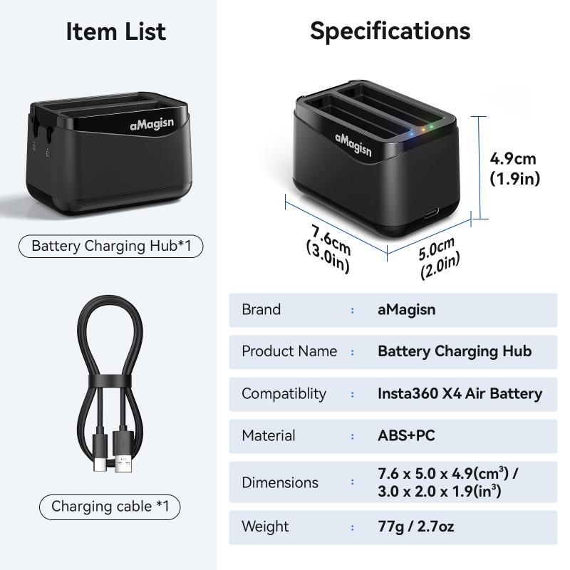 aMagisn Portable Dual-Channel Battery Charger for Insta360 X4 Air Charger Manager with SD Card Slot Action Camera Accessories