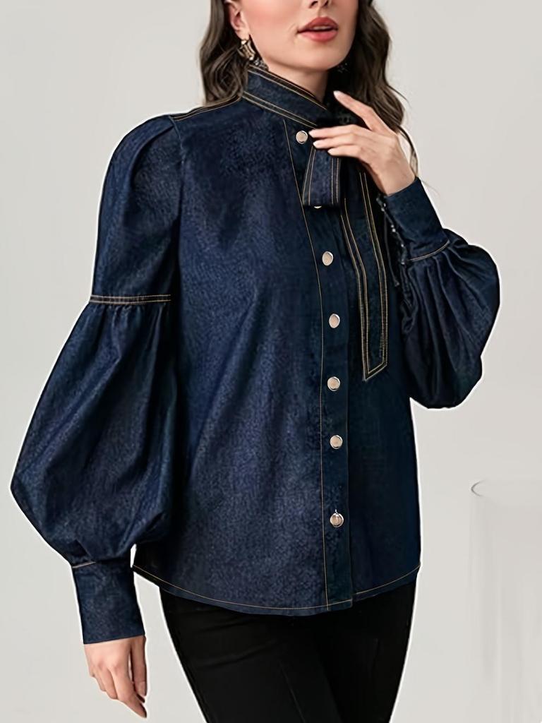 Модная женская джинсовая рубашка в европейском стиле 2025 года с завязкой-бабочкой