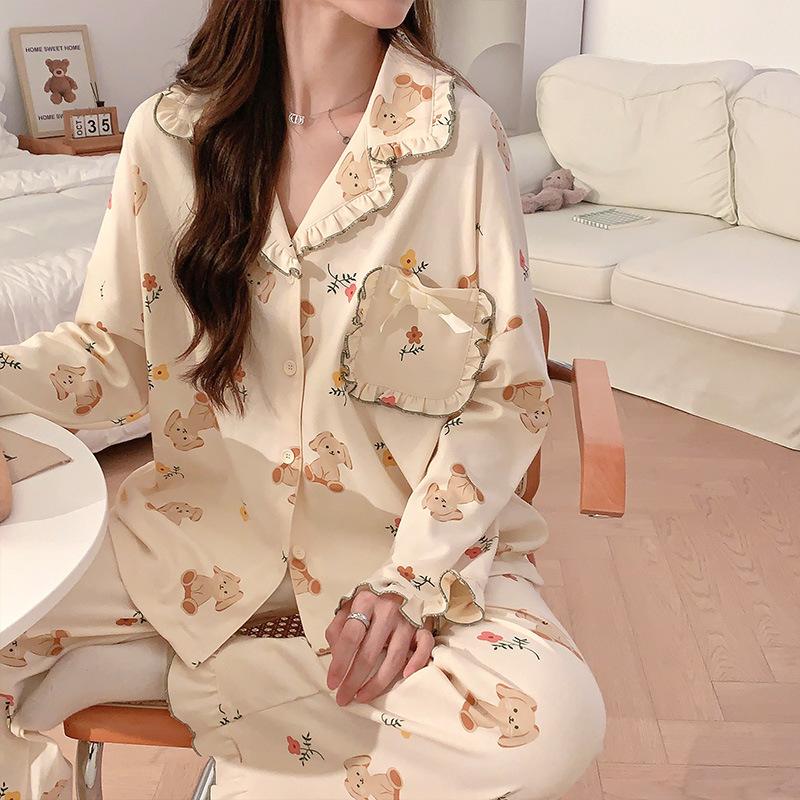 Women's Cardigan Long-sleeved Long Pants Cotton Pajamas Homewear   New Women's Cute Cartoon Comfortable Suit Can Be Worn Outside