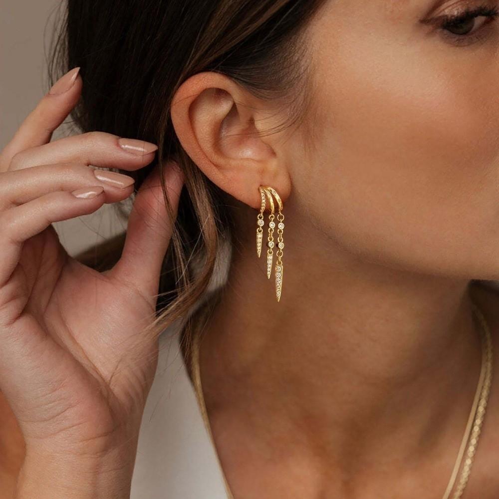Elegant 14k Triple Huggie Earrings Tassel Minimalist Dangle Earrings Hypoallergenic Sparkling Chain Earrings Women Jewelry