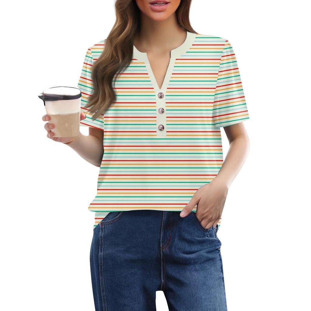 Женский модный повседневный свитер с коротким рукавом и принтом на пуговицах и V-образным вырезом