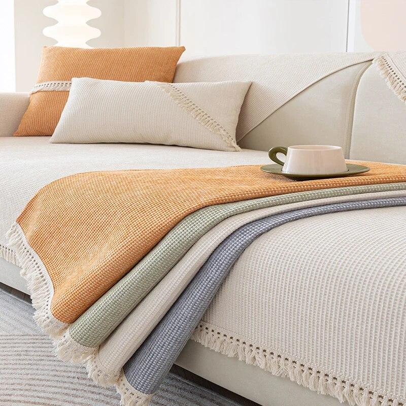 Универсальный чехол для дивана Four Seasons, синель с белыми кистями, чехол для дивана, пылезащитный, нескользящий защитный коврик для дивана для гостиной