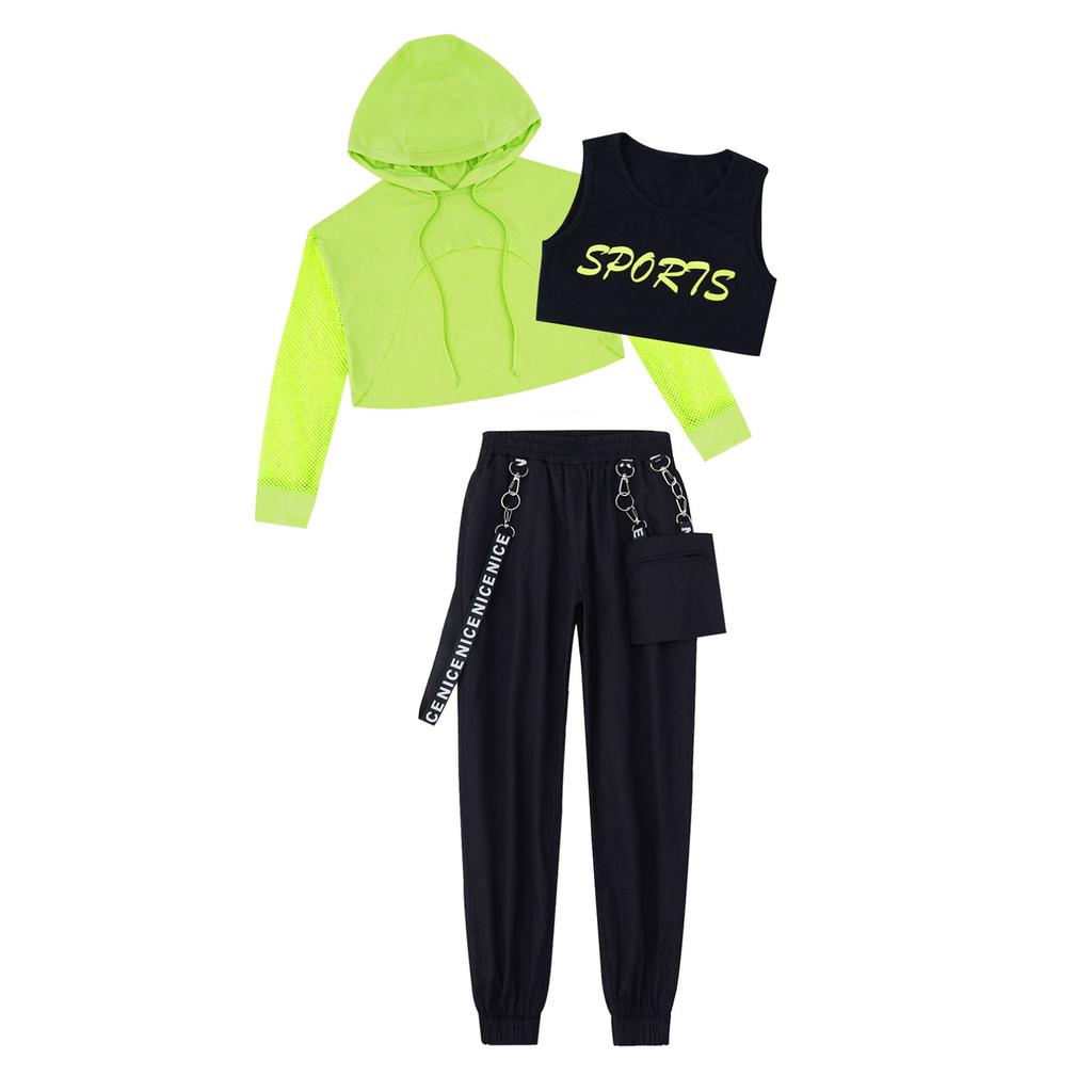 Kids Girls Hip-Hop Street Dance Clothes Outfits Vest Tops Cargo Sweatpants Net Cover Up Modern Teens Girls Streetwear
