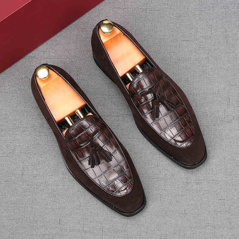 Fashion Fashion New Men's Tassels Suede Leather Patchwork Flats Shoes Male Designer Loafers Homecoming Wedding Dress Footwear